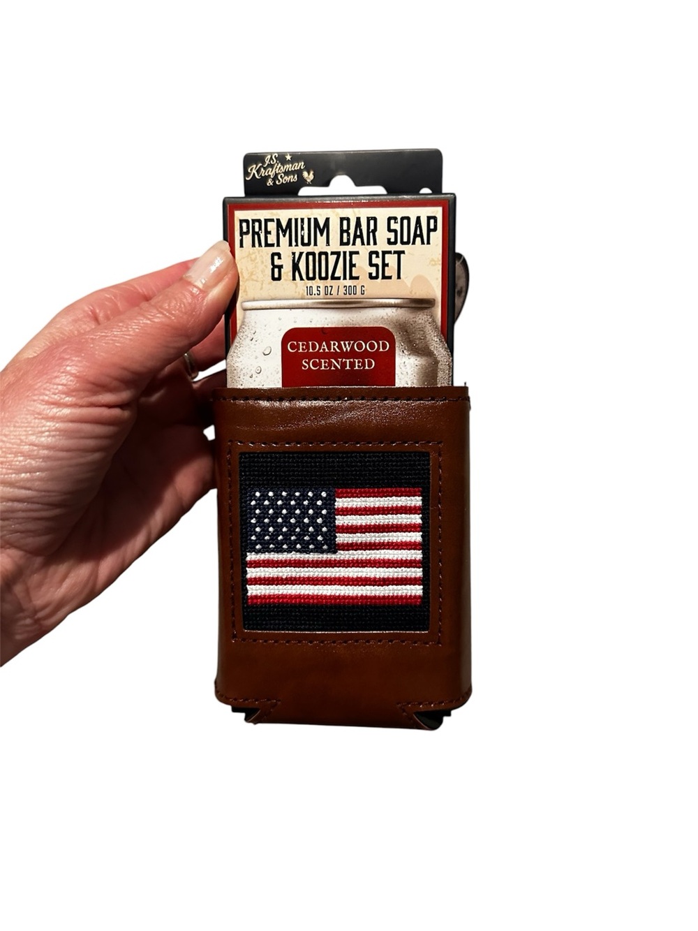 Brown Leather Koozie with Needlepoint American Flag and bar of scented soap
